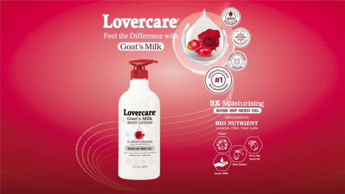 Lovercare Goat's Milk Body Lotion bottle on a pink gradient advert background with rose seed oil icons and 3x moisturising claim on the right side.