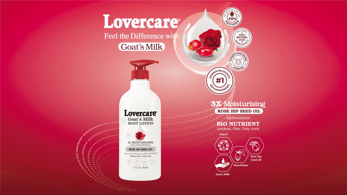 Lovercare Goat's Milk Body Lotion bottle on a pink gradient advert background with rose seed oil icons and 3x moisturising claim on the right side.