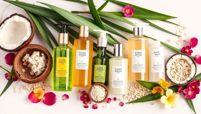 Various body wash bottles arranged with natural ingredients like aloe vera, coconut oil, and oatmeal representing the best body washes selection criteria