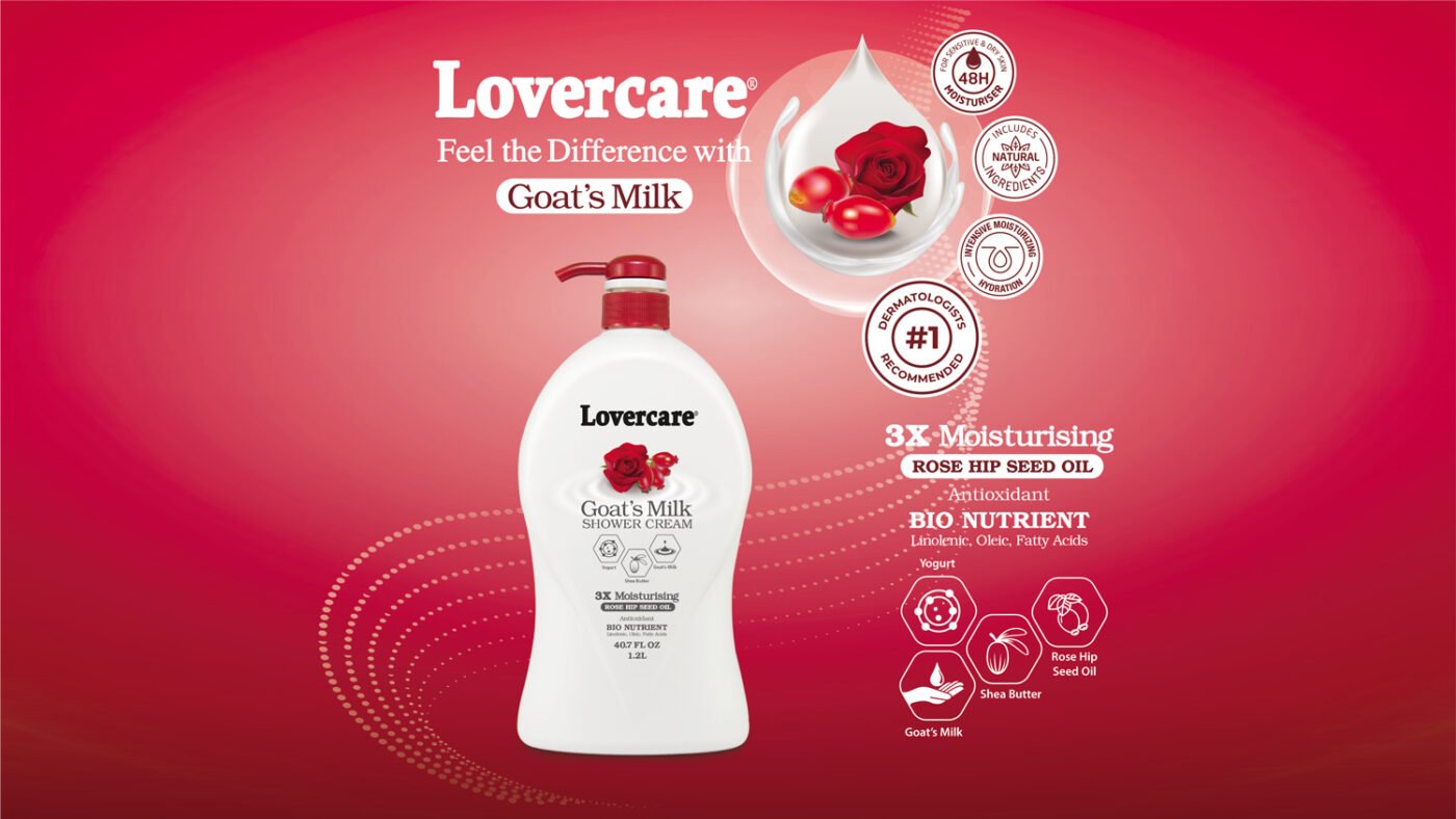 Lovercare Goat's Milk Shower Cream bottle on a red gradient background with rose imagery and moisturizing claims.
