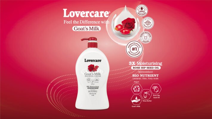 Lovercare Goat's Milk Shower Cream bottle on a red gradient background with rose imagery and moisturizing claims.