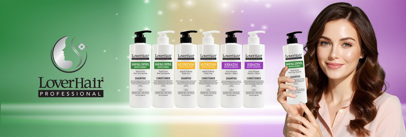 Row of LoverHair Professional hair care bottles with logo; woman on the right holding a bottle against a green&ndash;purple gradient backdrop.