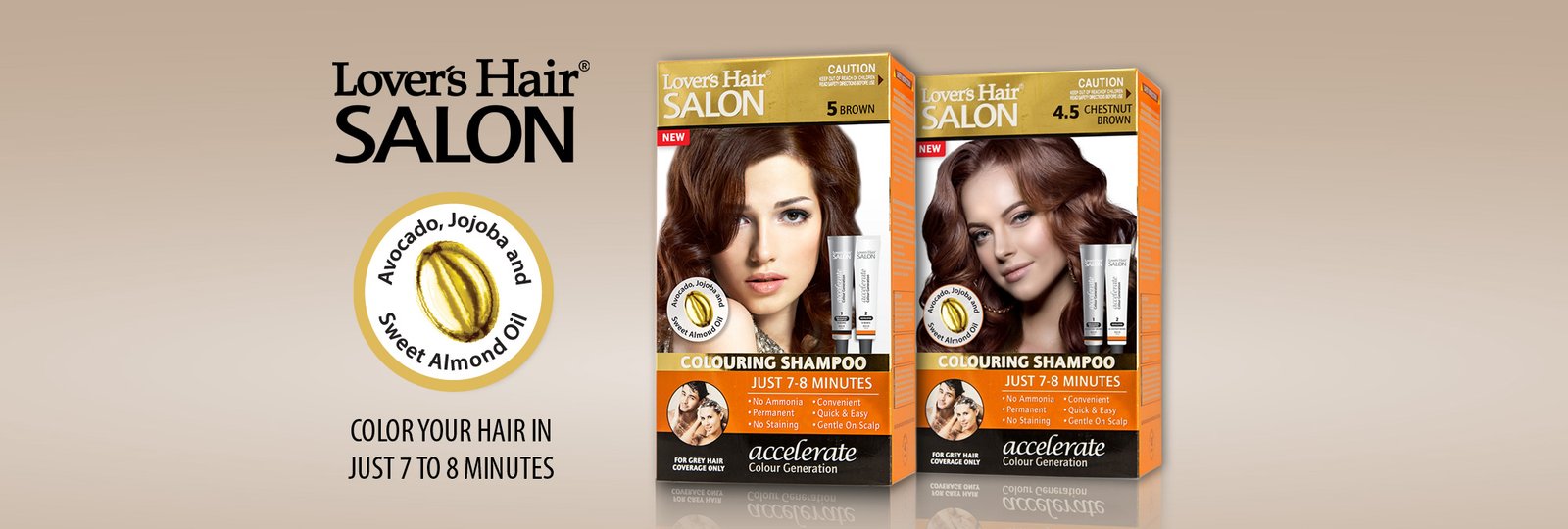 Lover's Hair Salon logo with two orange coloring shampoo boxes and a beige gradient background, advertising Colouring Shampoo