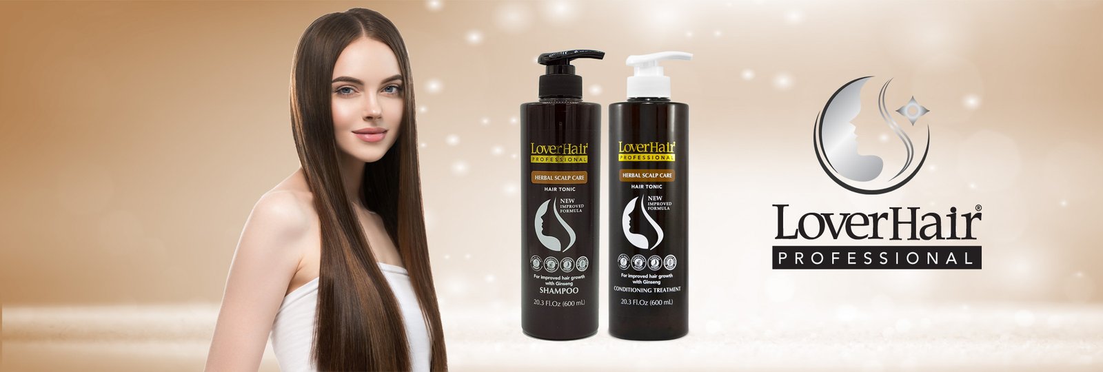 Woman with long straight brown hair next to two black bottles labeled 'LoverHair Professional' shampoo and conditioning treatment, on a beige glow background.