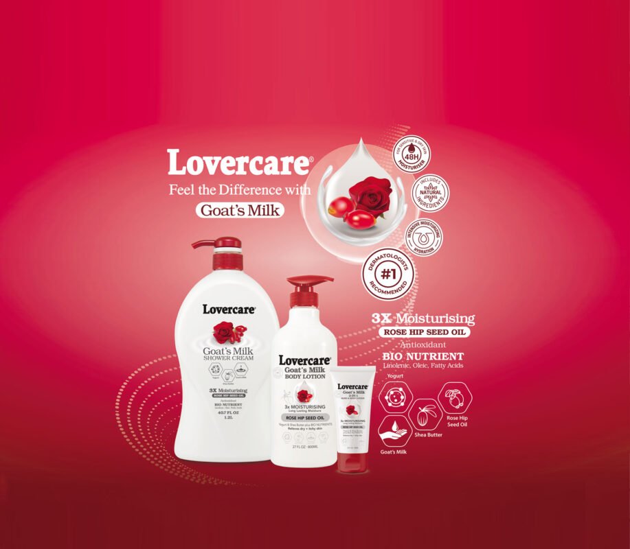 Lovercare advertisement featuring Goat's Milk products with a red gradient background and rose imagery.