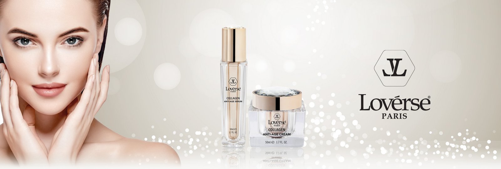 Portrait of a woman touching her face beside two Lov&eacute;rse Paris skincare bottles on a soft beige, sparkling background.